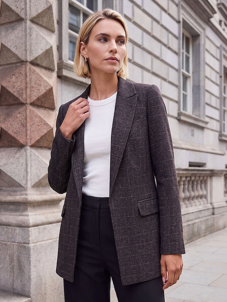 Roman Brown Check Print Longline Blazer - Image 1 of 4 Roman Brown Check Print Longline Blazer - Image 1 of 4