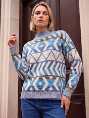 Roman Blue Aztec High Neck Knit Jumper - Image 1 of 4