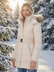 Roman White Faux Fur Padded Belt Coat - Image 1 of 4