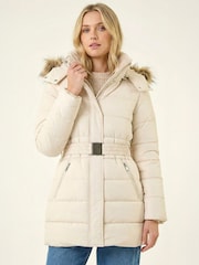 Roman White Faux Fur Padded Belt Coat - Image 2 of 4