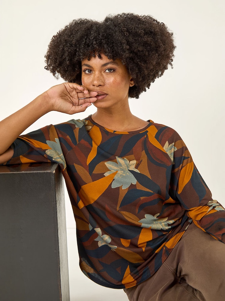Roman Natural Floral Print Curved Hem Top - Image 1 of 4
