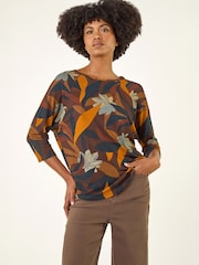 Roman Natural Floral Print Curved Hem Top - Image 4 of 4