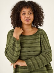 Roman Green Curve Crochet Stripe Knit Jumper - Image 1 of 4
