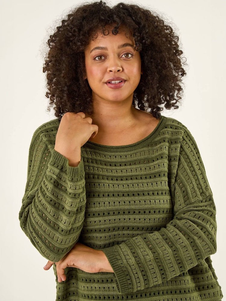 Roman Green Curve Crochet Stripe Knit Jumper - Image 1 of 4