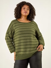 Roman Green Curve Crochet Stripe Knit Jumper - Image 4 of 4