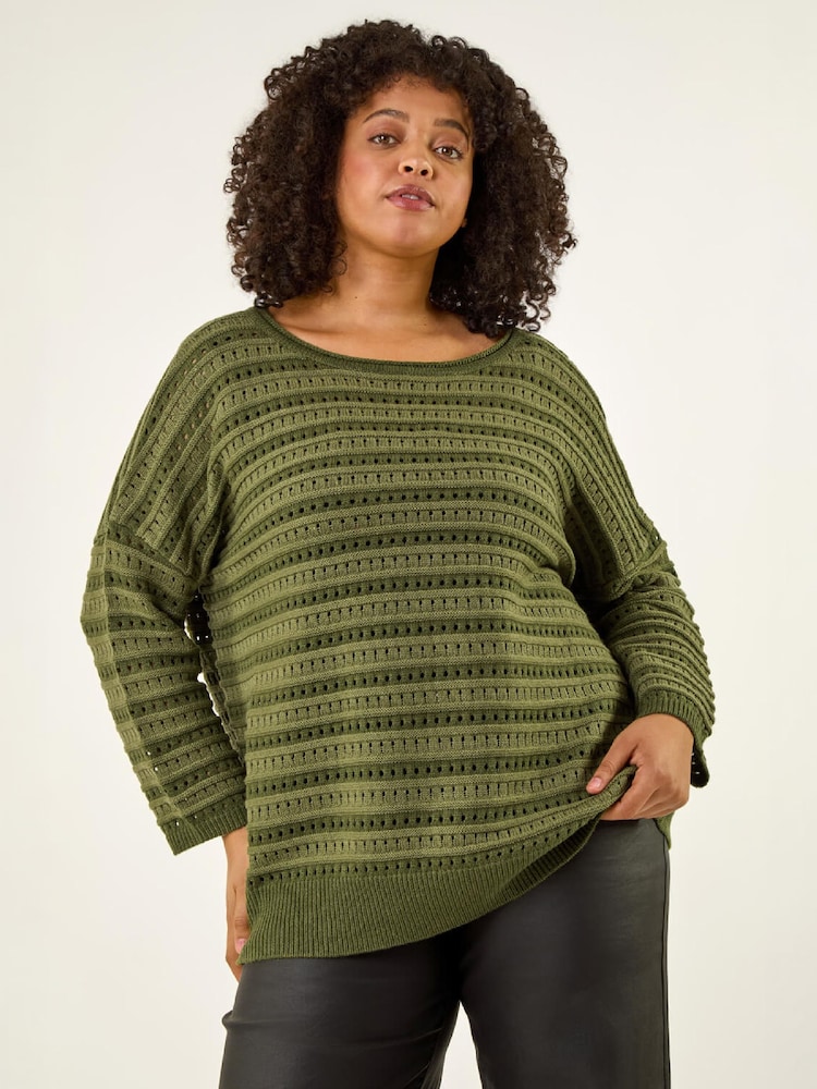 Roman Green Curve Crochet Stripe Knit Jumper - Image 4 of 4