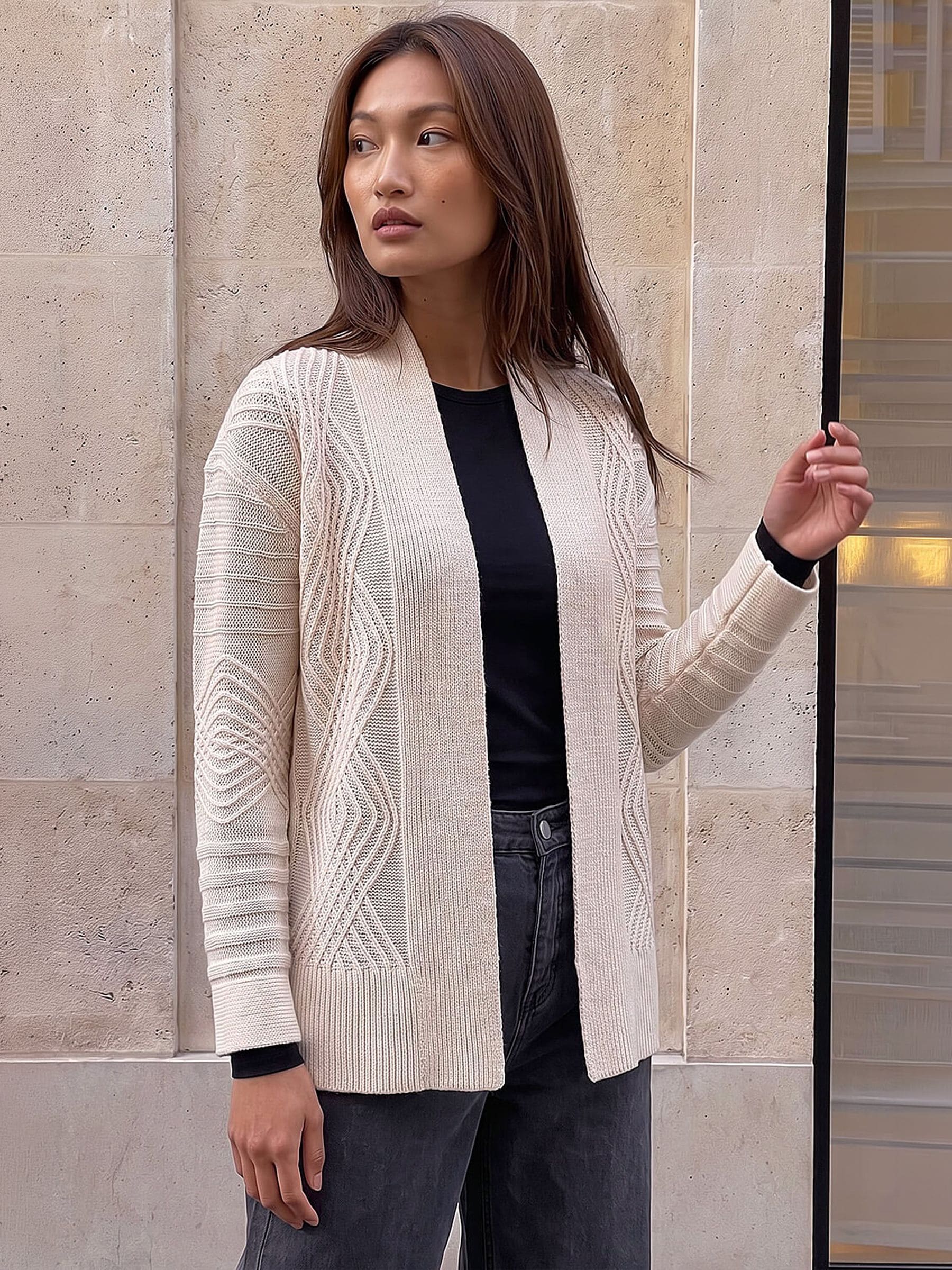 Roman Women's Textured Knit Cardigan Sweater in Ivory | Size: 20 - Image 6