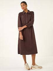 Roman Brown Zip Front Collared Midi Dress - Image 1 of 4