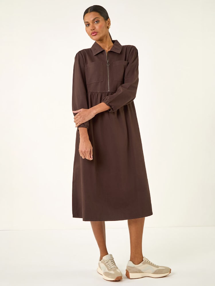 Roman Brown Zip Front Collared Midi Dress - Image 1 of 4