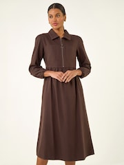 Roman Brown Zip Front Collared Midi Dress - Image 2 of 4