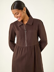 Roman Brown Zip Front Collared Midi Dress - Image 4 of 4