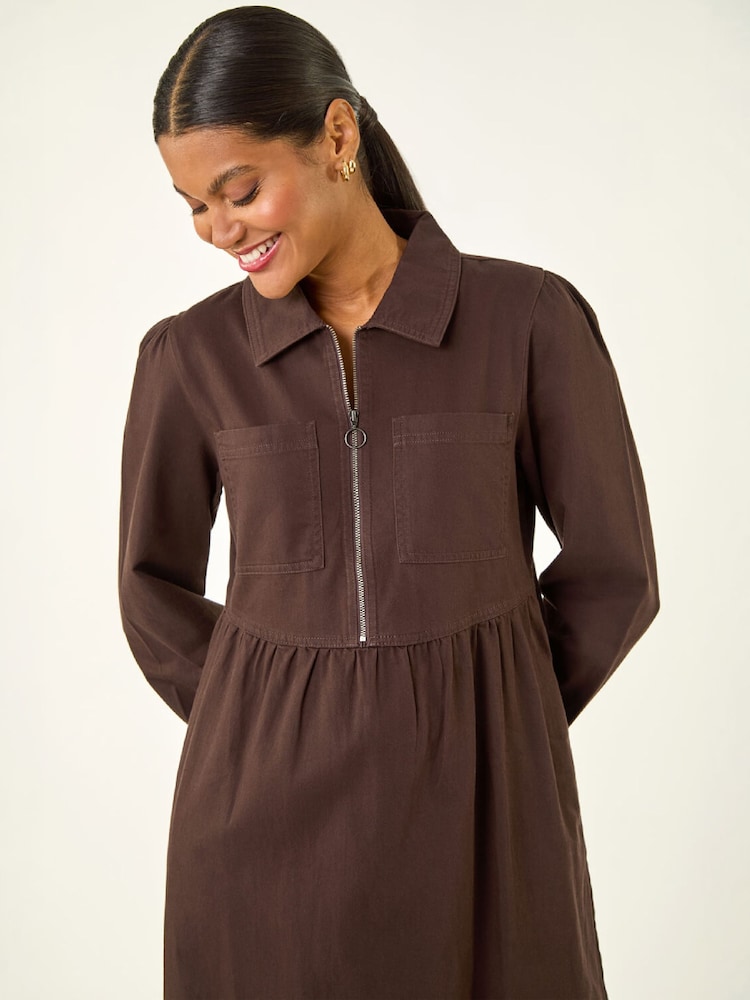 Roman Brown Zip Front Collared Midi Dress - Image 4 of 4