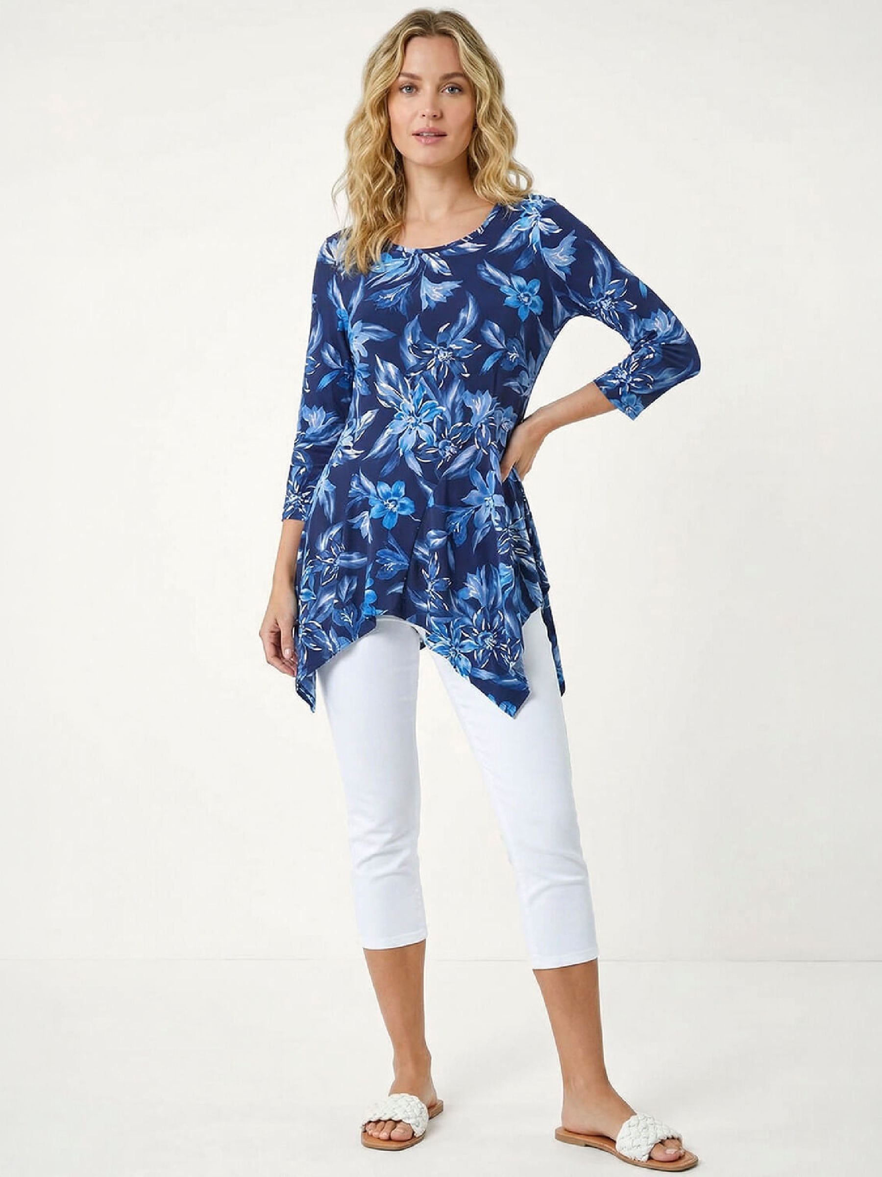 Roman Women's Blue Floral Print Asymmetric Tunic Top In | : Size 20 - Image 3