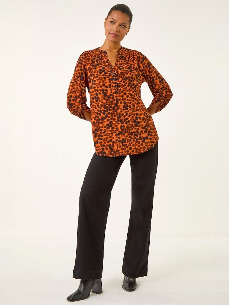 Roman Brown Spot Print Stretch Top - Image 1 of 4 Roman Brown Spot Print Stretch Top - Image 1 of 4