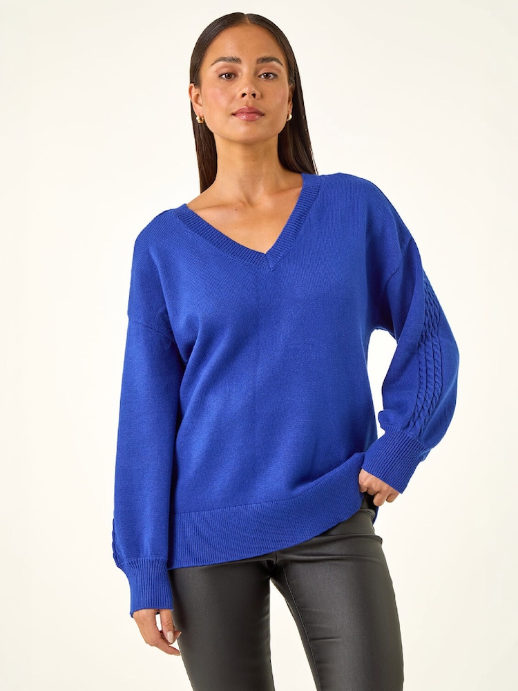 Roman Blue Petite Contrast Sleeve Knit Jumper - Image 4 of 4