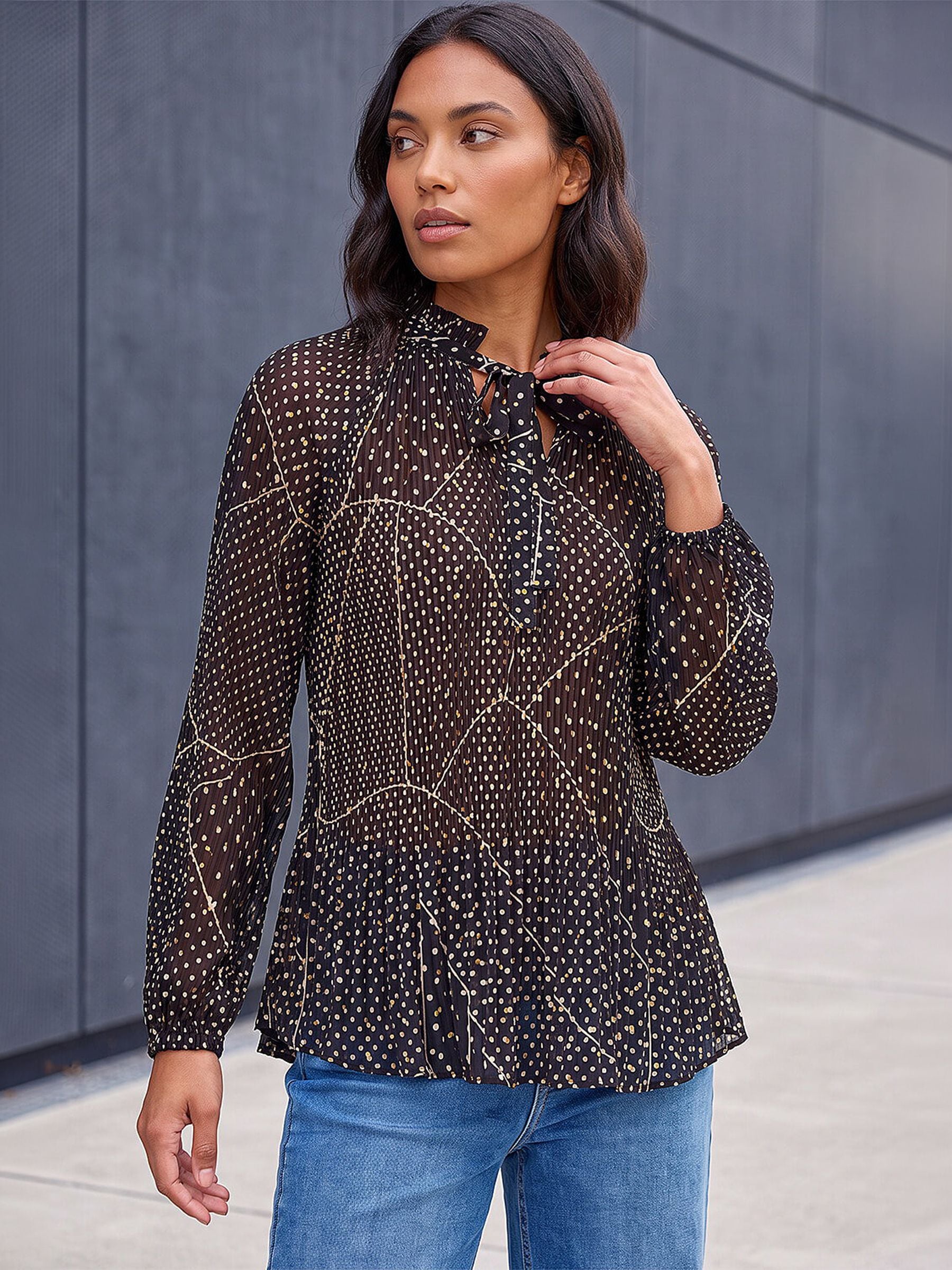 Roman Women's Black Spot Print Tie Neck Pleated Top In | : Size 20 - Image 5