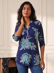 Roman Blue Floral Puff Print Stretch Top - Image 1 of 4