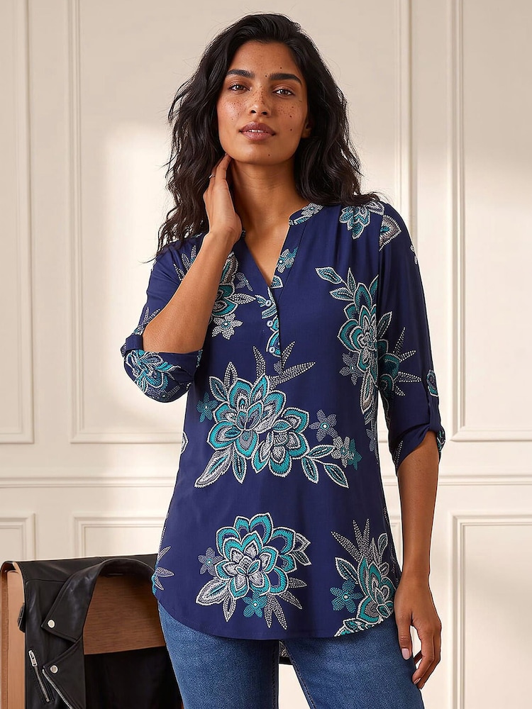 Roman Blue Floral Puff Print Stretch Top - Image 1 of 4 Roman Blue Floral Puff Print Stretch Top - Image 1 of 4