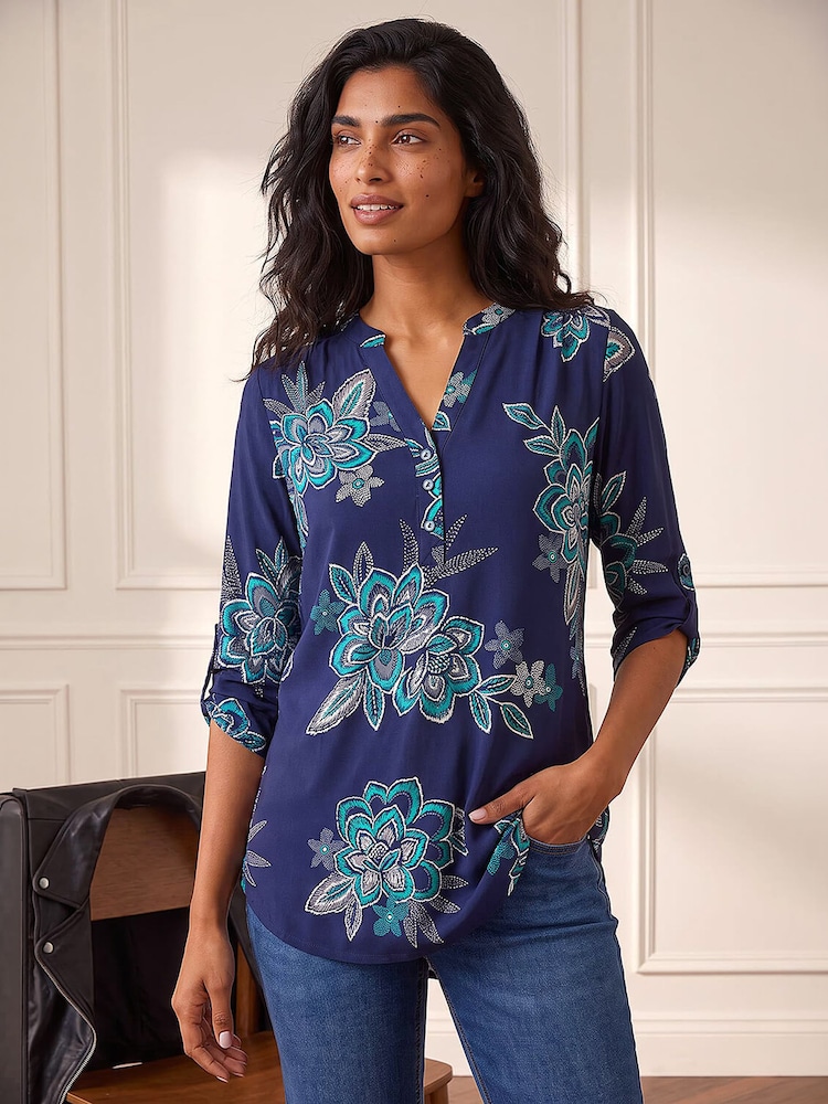 Roman Blue Floral Puff Print Stretch Top - Image 2 of 4 Roman Blue Floral Puff Print Stretch Top - Image 2 of 4