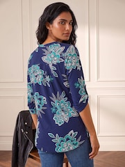 Roman Blue Floral Puff Print Stretch Top - Image 3 of 4
