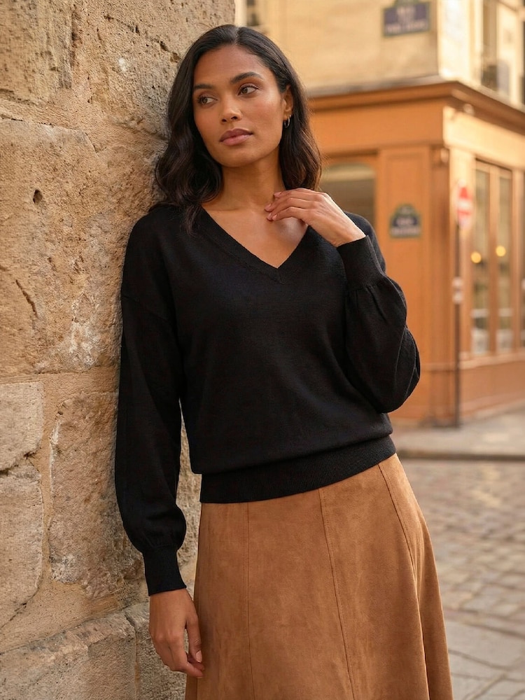 Roman Black Plain V-Neck Stretch Jumper - Image 2 of 4 Roman Black Plain V-Neck Stretch Jumper - Image 2 of 4