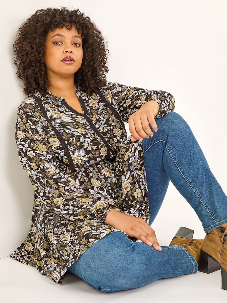 Roman Black Curve Floral Woven Tunic Top - Image 1 of 4 Roman Black Curve Floral Woven Tunic Top - Image 1 of 4