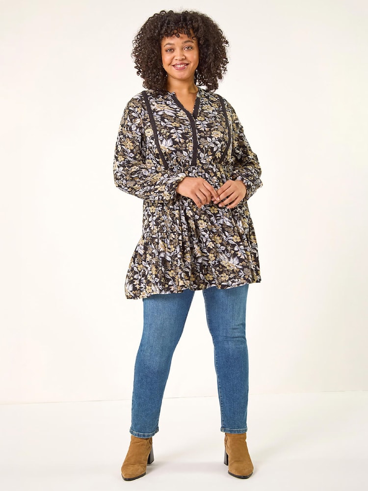 Roman Black Curve Floral Woven Tunic Top - Image 2 of 4 Roman Black Curve Floral Woven Tunic Top - Image 2 of 4