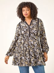 Roman Black Curve Floral Woven Tunic Top - Image 4 of 4