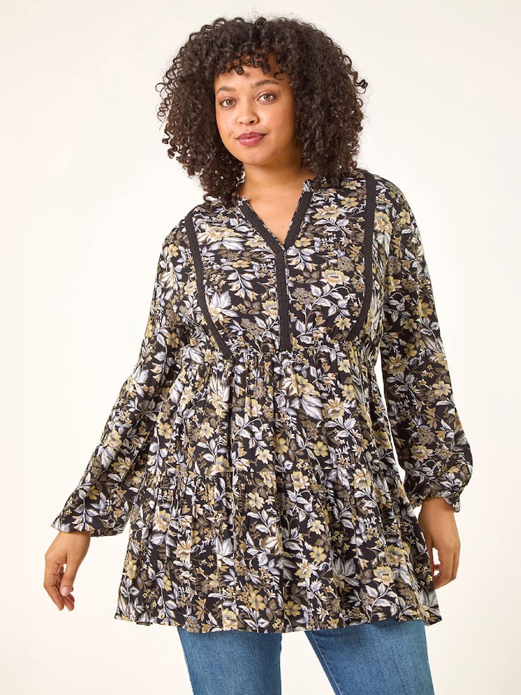 Roman Black Curve Floral Woven Tunic Top - Image 4 of 4 Roman Black Curve Floral Woven Tunic Top - Image 4 of 4