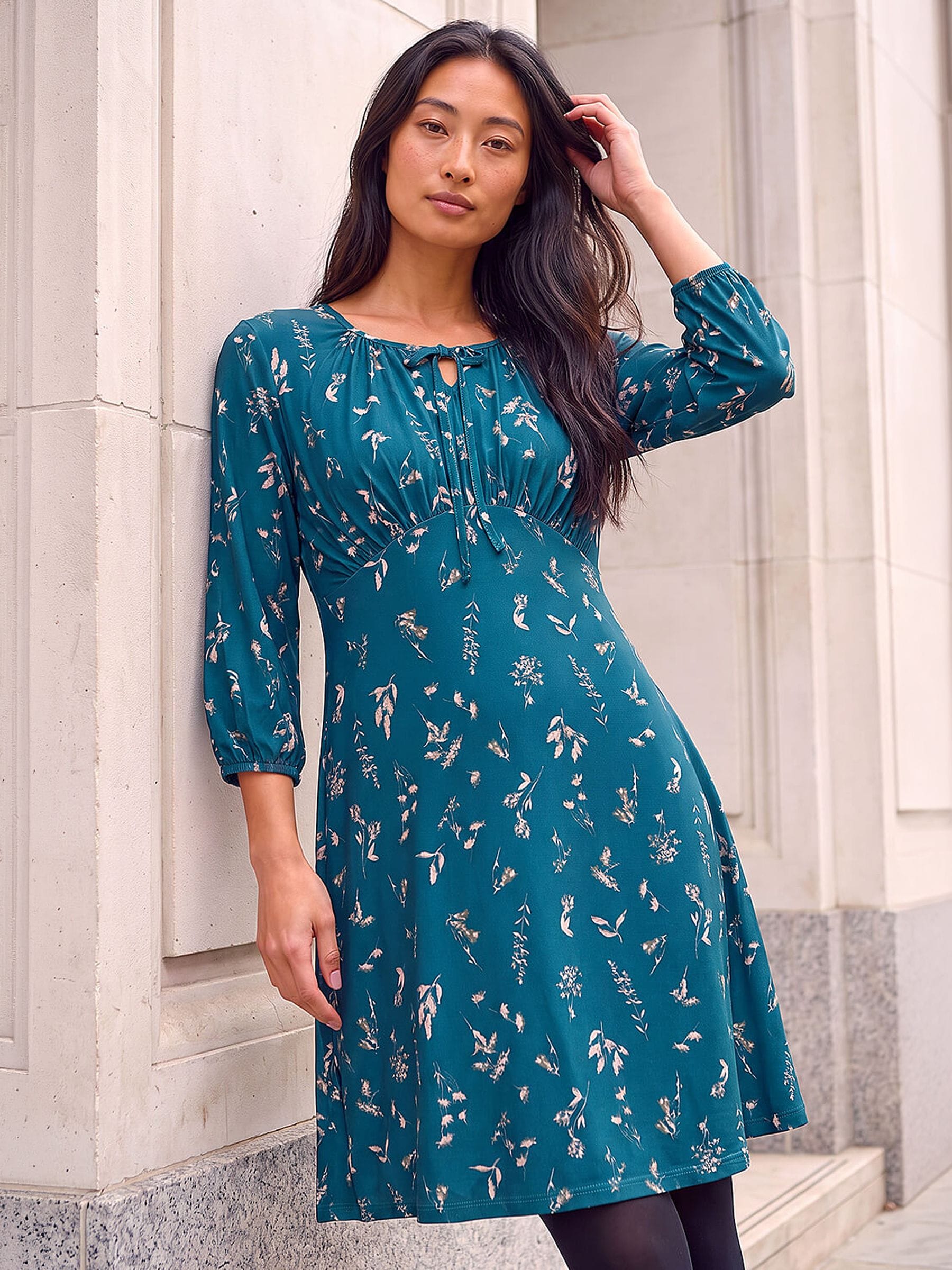 Roman Petite Women's Teal Floral Tie Front Stretch Dress Size 18 - Image 3