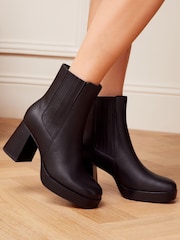 Love & Roses Black Real Leather Mid Block Heel Platform Chelsea Boot - Image 1 of 4