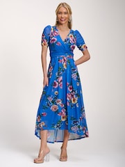 Jolie Moi Blue Petite Mesh Print Dip Hem Maxi Dress - Image 4 of 6