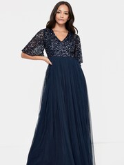 Maya Navy Blue V-Neck Delicate Sequin Maxi Dress - Image 1 of 4
