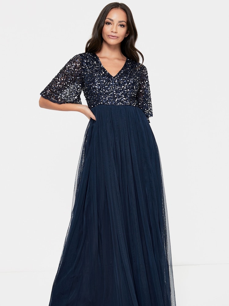 Maya Navy Blue V-Neck Delicate Sequin Maxi Dress - Image 1 of 4 Maya Navy Blue V-Neck Delicate Sequin Maxi Dress - Image 1 of 4