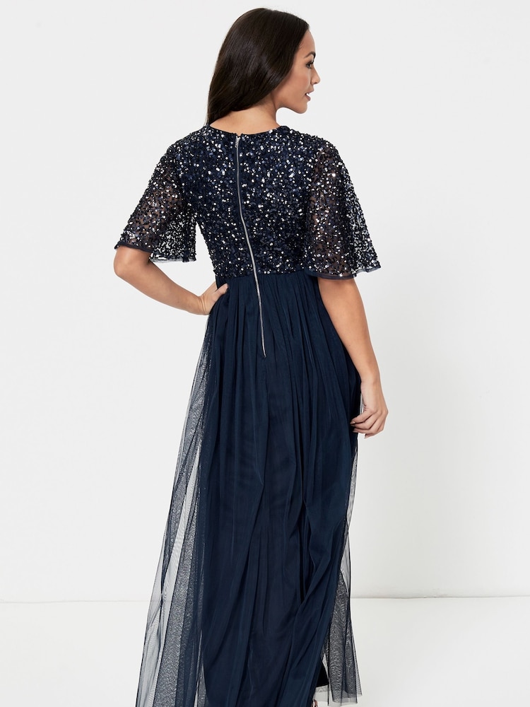 Maya Navy Blue V-Neck Delicate Sequin Maxi Dress - Image 2 of 4