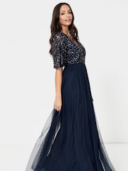 Maya Navy Blue V-Neck Delicate Sequin Maxi Dress - Image 4 of 4