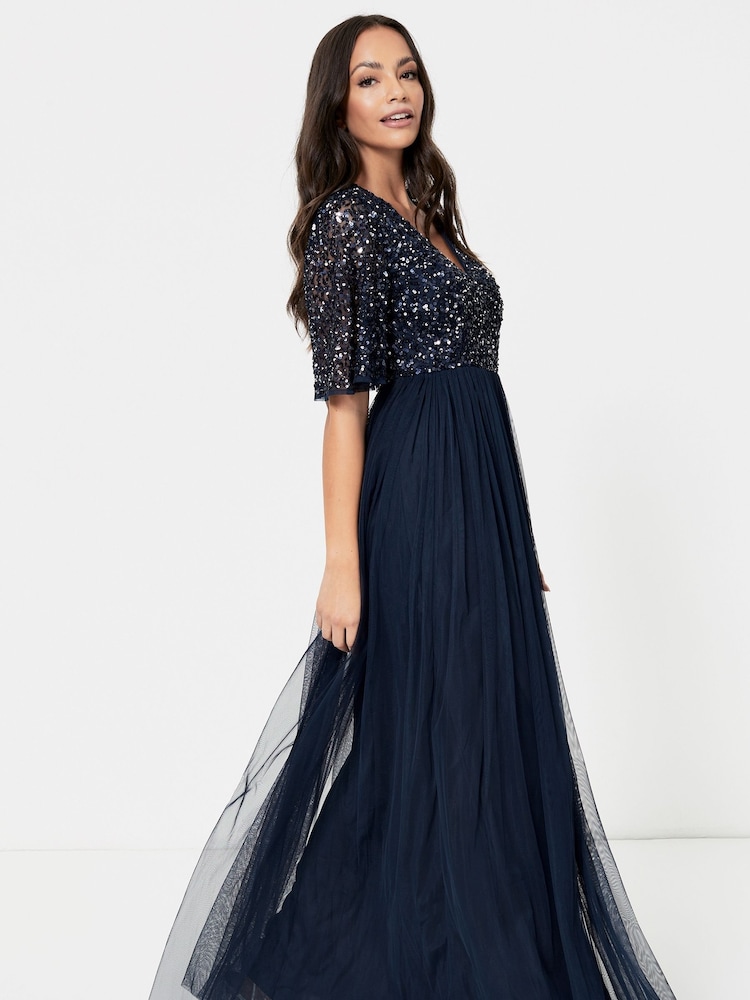 Maya Navy Blue V-Neck Delicate Sequin Maxi Dress - Image 4 of 4