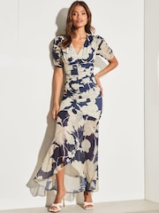 Lipsy Navy Blue Ruched Front Sleeves V Neck Mesh Summer Maxi Dress - Image 1 of 4