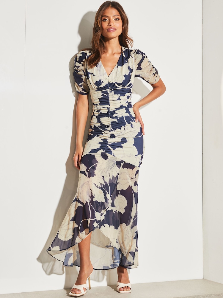 Lipsy Navy Blue Ruched Front Sleeves V Neck Mesh Summer Maxi Dress - Image 1 of 4