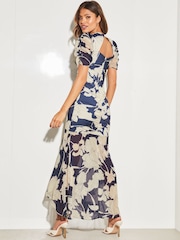 Lipsy Navy Blue Ruched Front Sleeves V Neck Mesh Summer Maxi Dress - Image 2 of 4