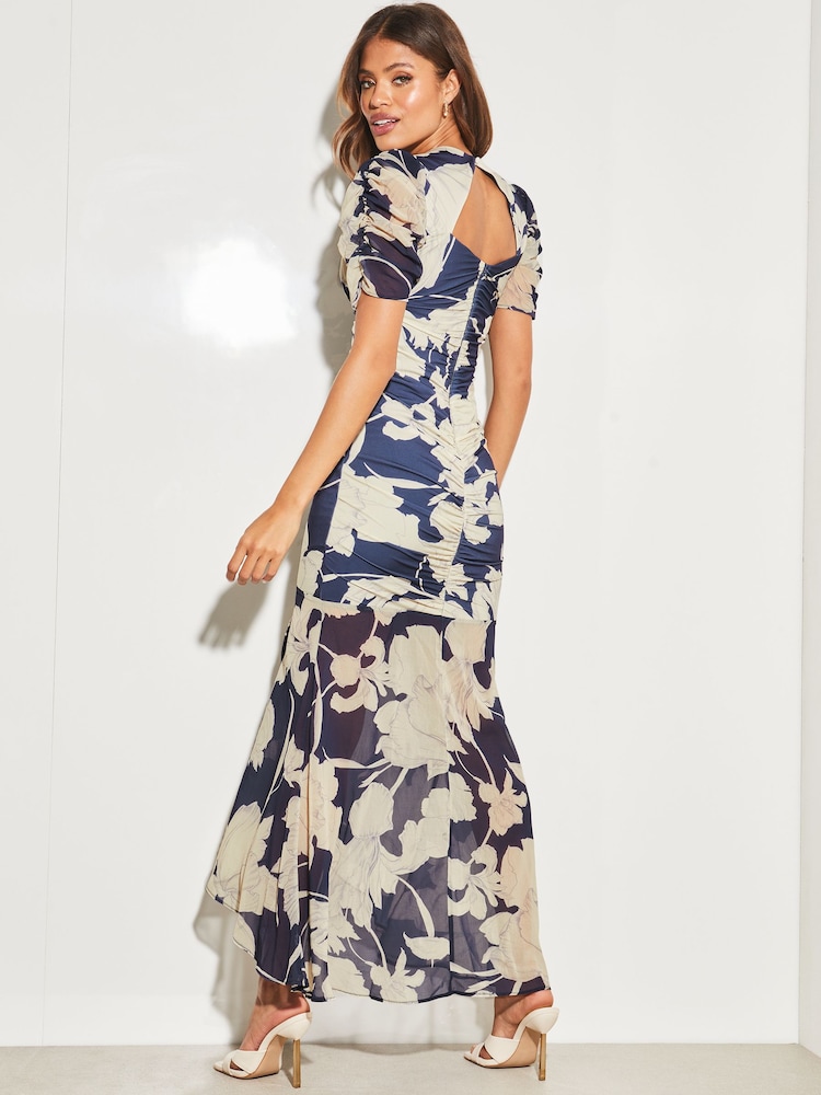 Lipsy Navy Blue Ruched Front Sleeves V Neck Mesh Summer Maxi Dress - Image 2 of 4