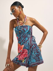 River Island Blue Del Maar Bandeau Printed Wrap Playsuit - Image 1 of 4