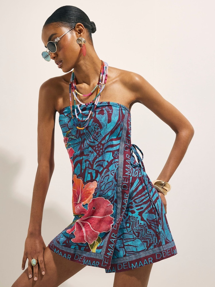 River Island Blue Del Maar Bandeau Printed Wrap Playsuit - Image 1 of 4