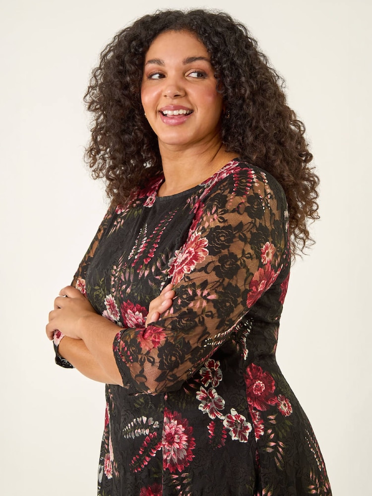 Roman Red Curve Floral Print Lace Dress - Image 4 of 4