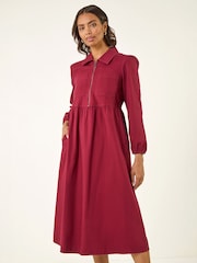 Roman Red Zip Front Collared Midi Dress - Image 1 of 4