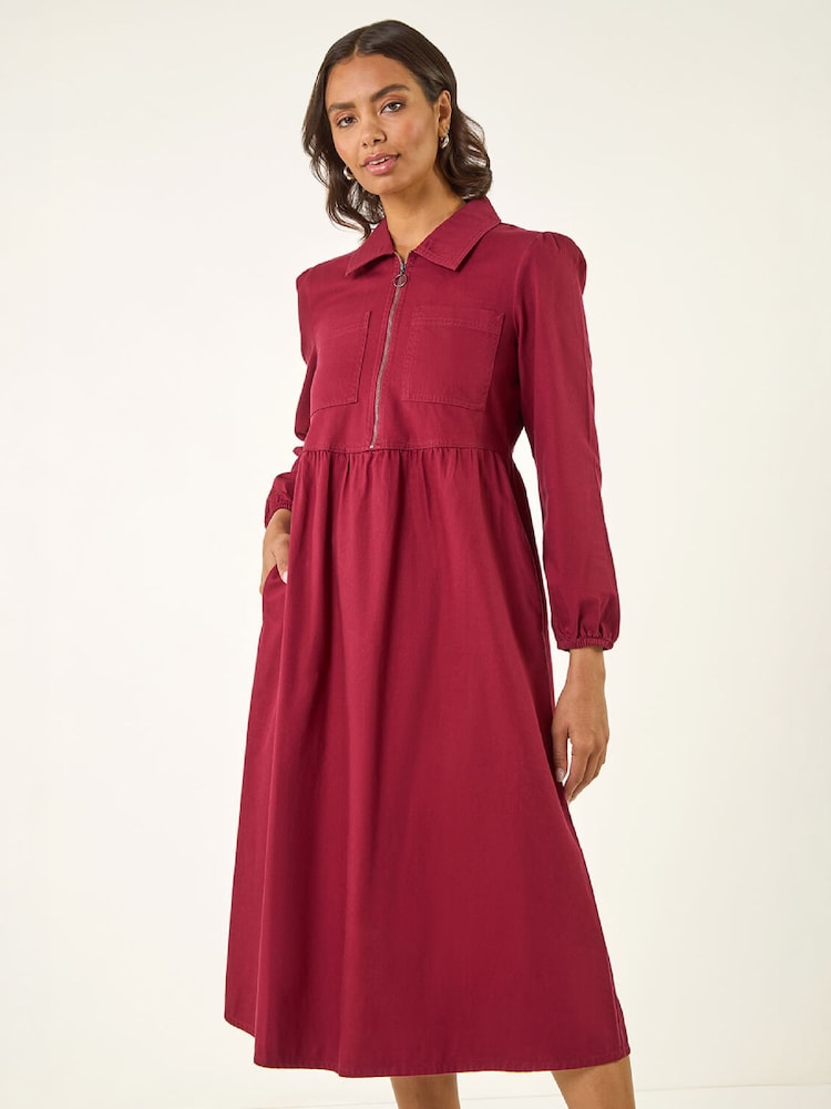 Roman Red Zip Front Collared Midi Dress - Image 1 of 4