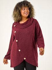 Roman Red Curve Cowl Neck Button Wrap Top - Image 1 of 4