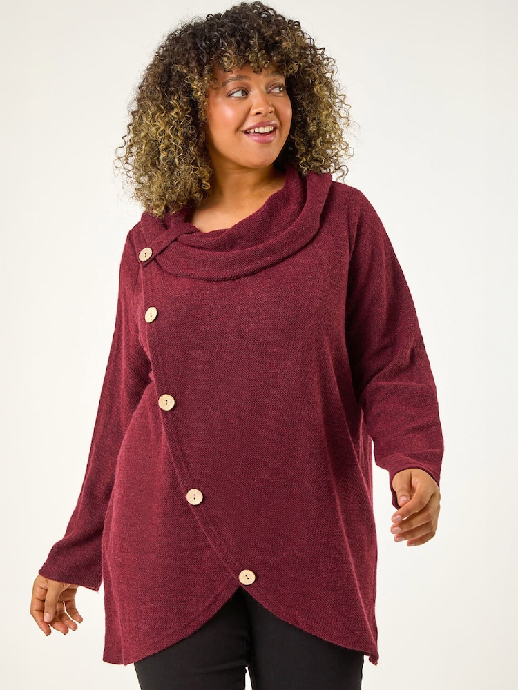 Roman Red Curve Cowl Neck Button Wrap Top - Image 1 of 4 Roman Red Curve Cowl Neck Button Wrap Top - Image 1 of 4