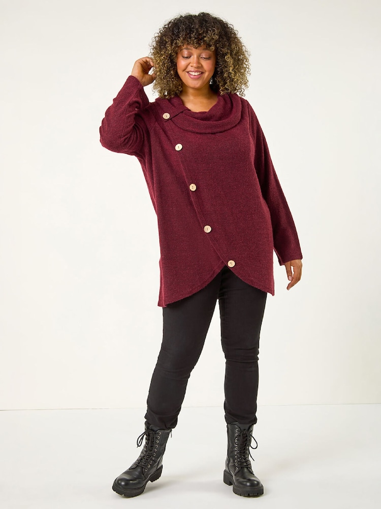 Roman Red Curve Cowl Neck Button Wrap Top - Image 2 of 4 Roman Red Curve Cowl Neck Button Wrap Top - Image 2 of 4