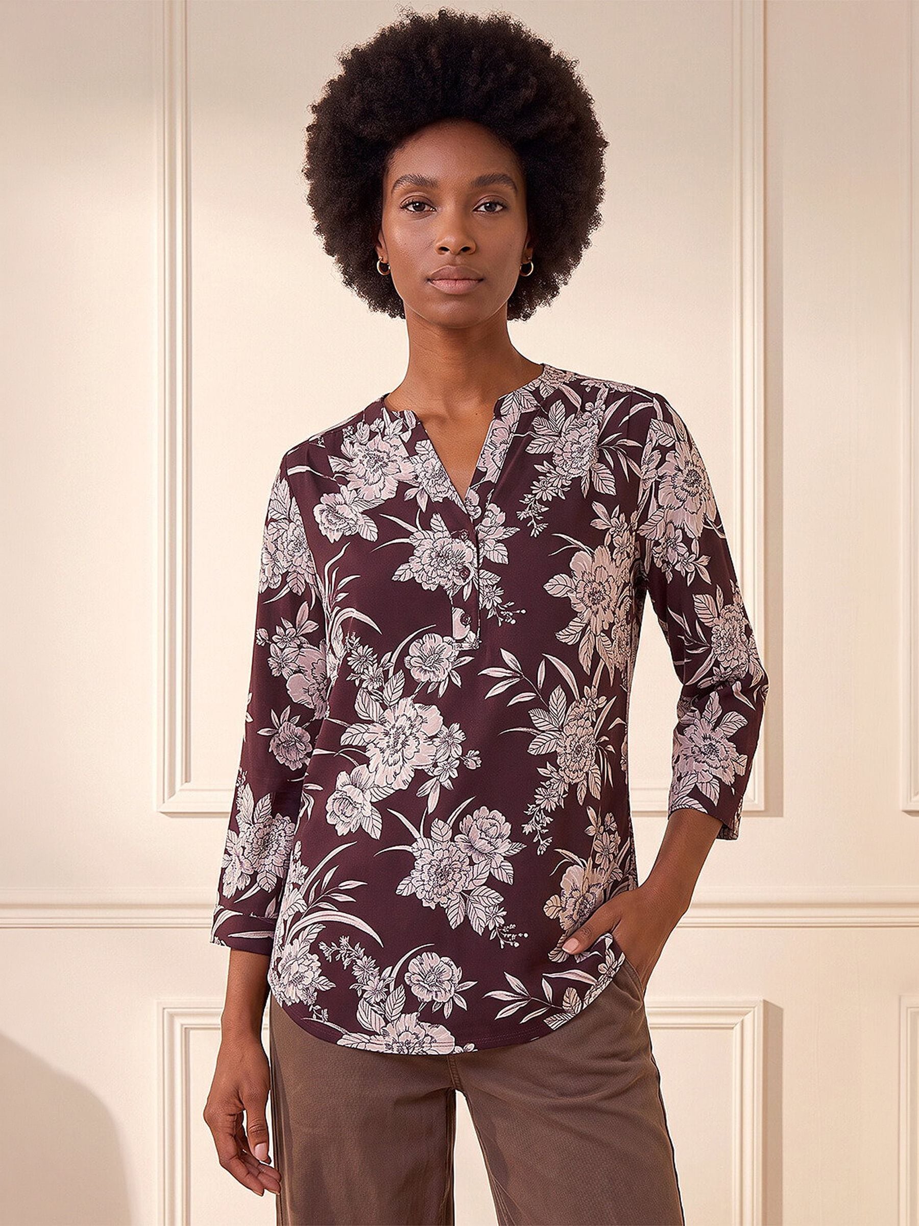 Roman Burgundy Floral Puff Print Stretch Shirt - Image 3